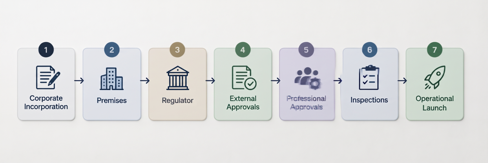 A horizontal flowchart infographic detailing a seven-step UAE market entry and business establishment process, from corporate incorporation and premises setup to regulator approvals, professional inspections, and final operational launch.
